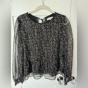 LOFT Floral Sheer Chiffon Vine Peplum Tie-back Blouse size M